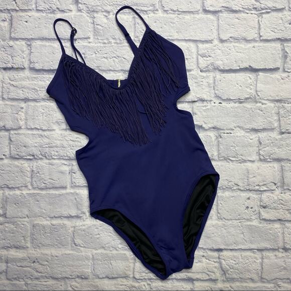 Vince Camuto Swim Tassle Suede Fringe One Piece Swimsuit in Navy - Picture 1 of 9